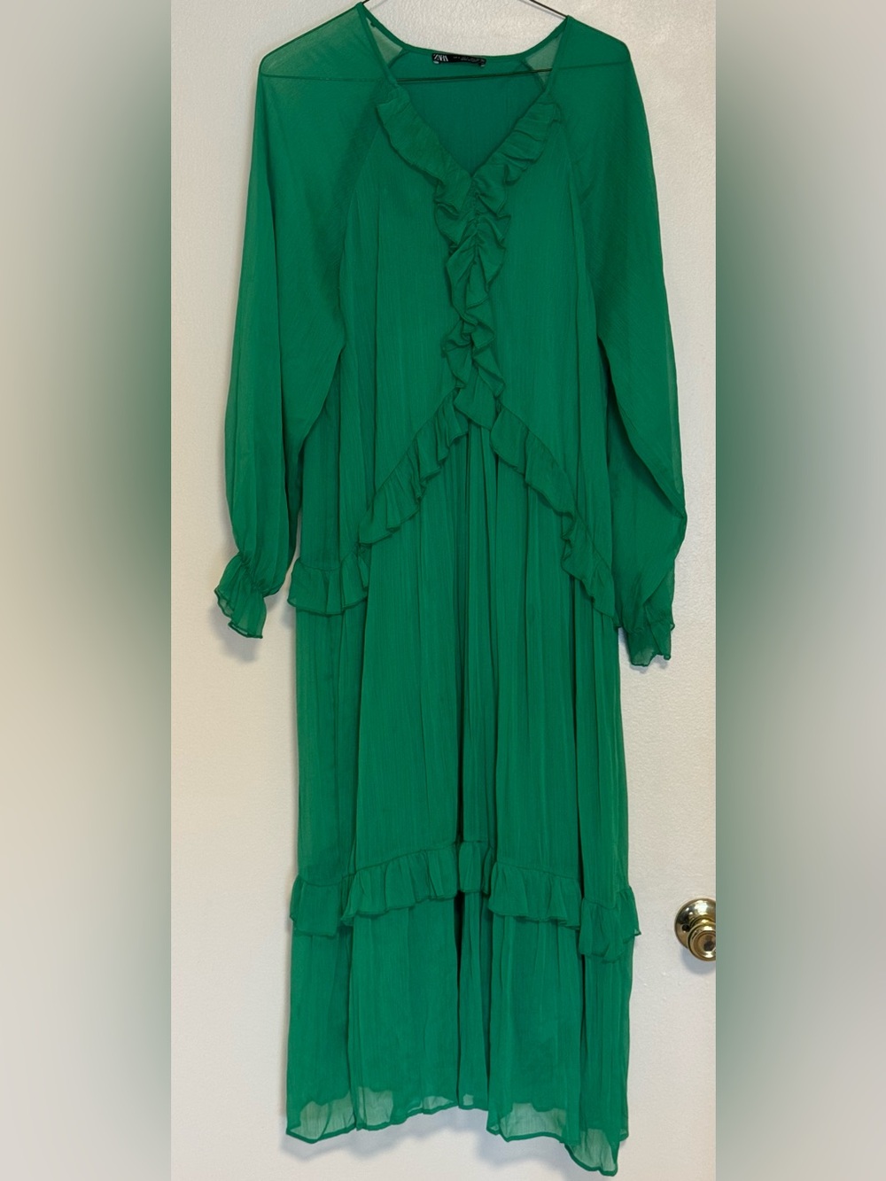 Zara Emerald Green Boho Ruffle Maxi Dress Size L